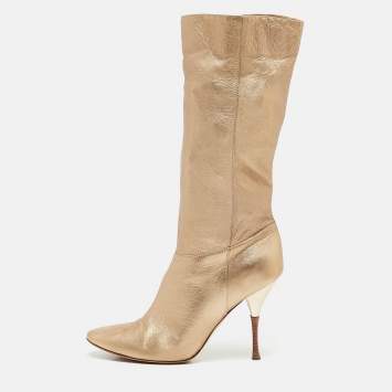 Pre Owned Casadei Gold Leather Mid Calf Boots Size 37