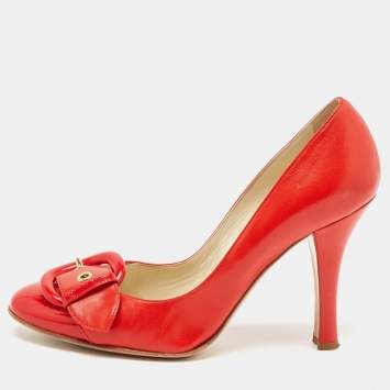 Pre Owned Casadei Red Leather Buckle Detail Pumps Size 37