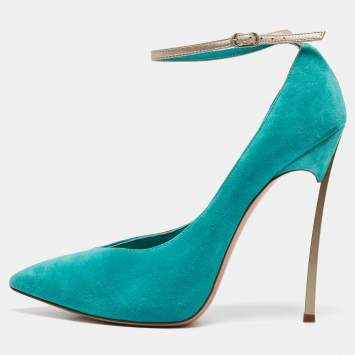 Pre Owned Casadei Blue Suede Pointed Toe Ankle Strap Pumps Size 37.5