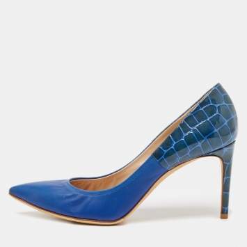 Pre Owned Casadei Blue Croc Embossed Patent Leather and Leather Pointed Toe Pumps Size 38.5