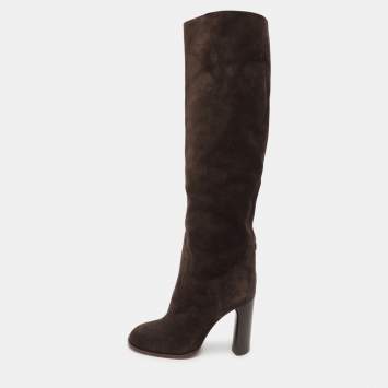 Casadei Brown Suede C Chain Embellished Calf Length Boots Size 36