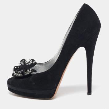 Pre Owned Casadei Black Suede Crystal Embellished Bow Peep Toe Pumps Size 38.5