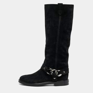 Casadei Black Suede Chain Detail Knee Length Boots Size 38.5