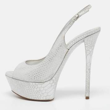 Casadei Silver Python Embossed Leather Peep Toe Slingback Sandals Size 39