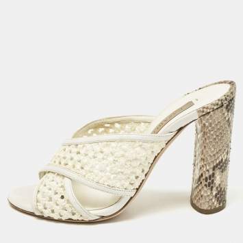 Casadei White/Brown Knit Fabric and Python Leather Slide Sandals Size 36