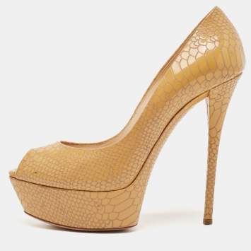 Pre Owned Casadei Brown Python Embossed Leather Peep Toe Pumps Size 39