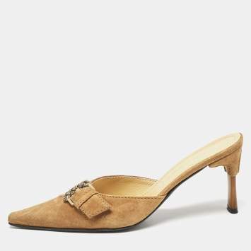Casadei Brown Suede Buckle Pointed Toe Mules Size 38.5