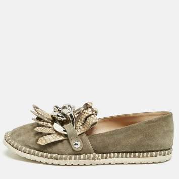 Casadei Grey Python Embossed Leather and Suede Chain Smoking Slippers Size 37