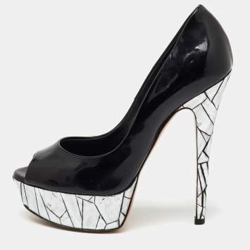 Casadei Black Patent Leather Mosaic Mirror Heel Peep Toe Platform Pumps Size 36