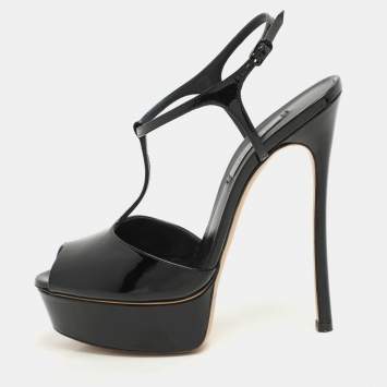 Casadei Black Patent Leather Peep Toe Platform Ankle Strap Sandals Size 38.5