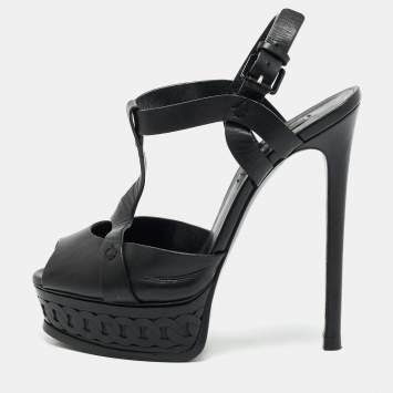 Pre Owned Casadei Black Leather Peep Toe Platform Ankle Strap Sandals Size 37.5