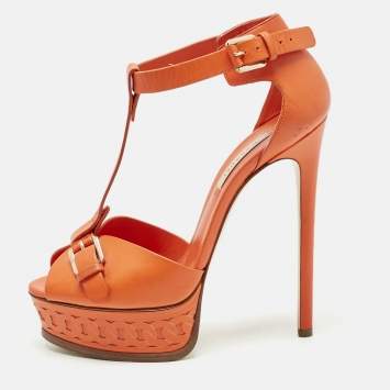 Pre Owned Casadei Orange Leather Platform Ankle Strap Sandals Size 38.5