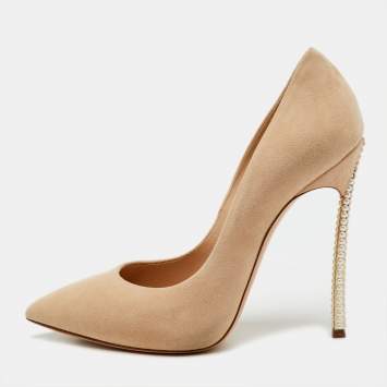 Pre Owned Casadei Beige Suede Pearl Embellished Heel Pointed Toe Pumps Size 37.5