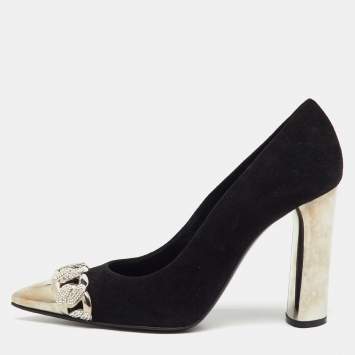 Pre Owned Casadei Black Suede Pointed Toe Crystal Chain Link Pumps Size 37