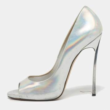 Pre Owned Casadei Silver Leather Peep Toe Pumps Size 39