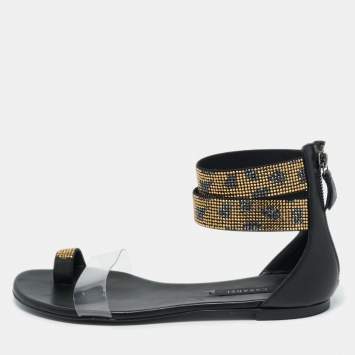 مملوكة مسبقًا Casadei Black Leather and PVC Crystal Embellished Flat Sandals Size 38