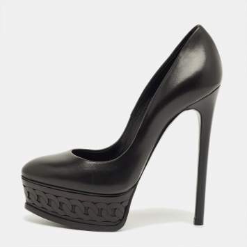 مملوكة مسبقًا Casadei Black Leather  Peep Toe Platform Pumps Size 35.5
