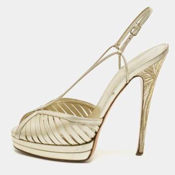 Pre Owned Casadei Size 37 Gold Leather Ankle Strap Platform Sandals
