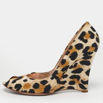 Pre Owned Casadei Size 40 Tricolor Canvas Wedge Peep Toe Pumps