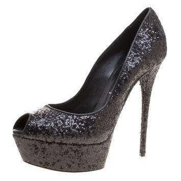Pre Owned Casadei Black Glitter Peep Toe Platform Pumps Size 38.5