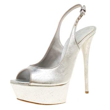 Pre Owned Casadei Silver Leather Pellame Peep Toe Slingback Sandals Size 39.5