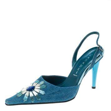 Pre Owned Casadei Blue Denim Pointed Toe Slingback Sandals Size 37.5