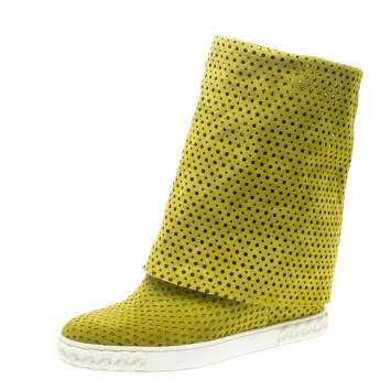 Pre Owned Casadei Lime Green Perforated Suede Wedge Boots Size 39