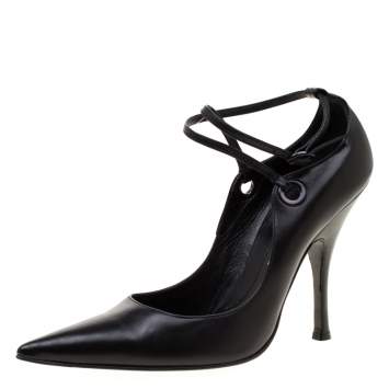 Pre Owned Casadei Black Leather Pointed Toe Ankle Strap Pumps Size 40