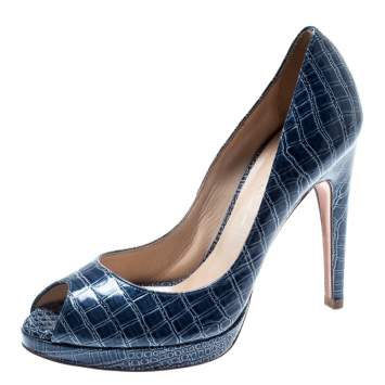 مملوكة مسبقًا Casadei Blue Croc Embossed Leather Peep Toe Platform Pumps Size 36