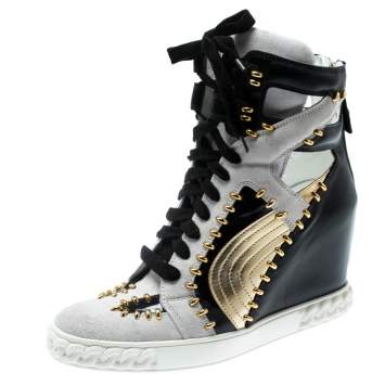 Pre Owned Casadei Tricolor Suede And Leather Studded High Top Wedge Sneakers Size 40