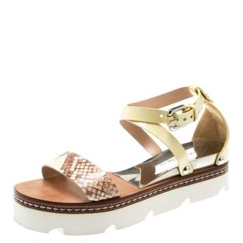 مملوكة مسبقًا Casadei Yellow Patent Leather And Two Tone Python Embossed Leather Cross Strap Platform Sandals Size 37
