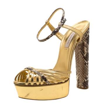Pre Owned Casadei Gold/Beige Leather and Python Trim Strappy Platform Open Toe Sandals Size 38