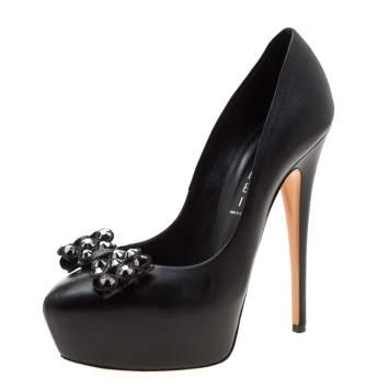 مملوكة مسبقًا Casadei Black Leather Embellished Bow Platform Pumps Size 38.5