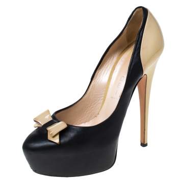 Pre Owned Casadei Black/Beige Leather Bow Platform Pumps Size 36.5 