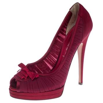 Pre Owned Casadei Red Satin Bow Peep Toe Pumps Size 38.5