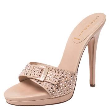 Pre Owned Casadei Nude Beige Studded Leather Buckle Sandals Size 37