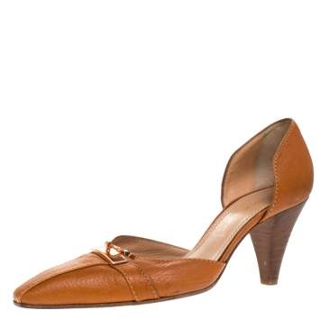 Pre Owned Casadei Brown Leather Padlock Detail Half D'orsay Pumps Size 37.5