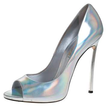 Pre Owned Casadei Silver Leather Peeptoe Peep Toe Pumps Size 39.5