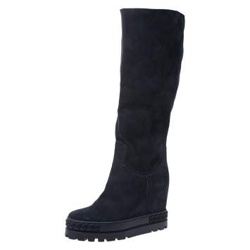 Pre Owned Casadei Navy Blue Suede Concealed Wedge Knee Length Boots Size 39