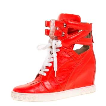 Pre Owned Casadei Orange Leather Wedge High Top Sneakers Size 40