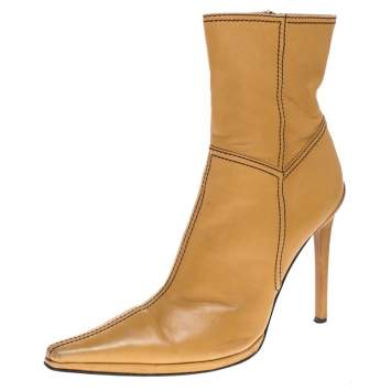 Pre Owned Casadei Tan Leather Pointed Toe Ankle Boots Size 37.5