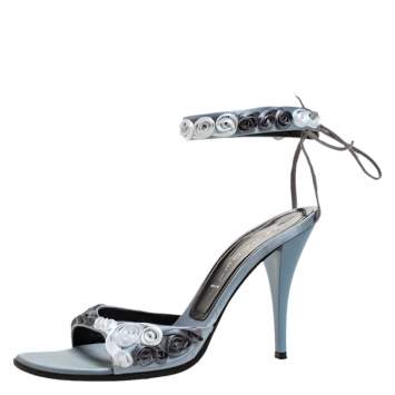 Pre Owned Casadei Grey Satin Floral Ankle Tie Up Sandals Size 38