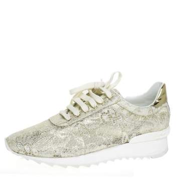 Pre Owned Casadei White/Gold Lace And Leather Trim Lace Up Sneakers Size 41