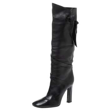 Pre Owned Casadei Black Leather Wrap Strap Knee High Boots Size 40