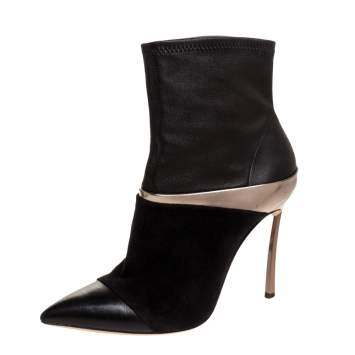 Pre Owned Casadei Black Suede and Metallic Leather Pointed Toe Blade Ankle Boots Size 38