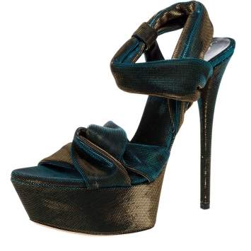 Pre Owned Casadei Multicolor Lamé Fabric Platform Ankle Strap Sandals Size 38