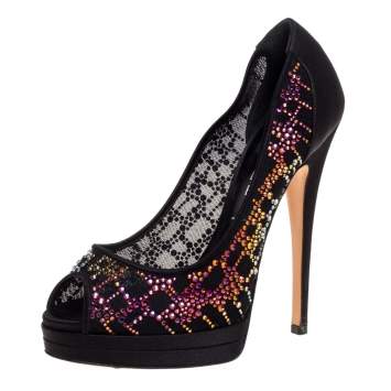 Pre Owned Casadei Black Crystal Embellished Mesh And Satin Peep Toe Platform Pumps Size 36