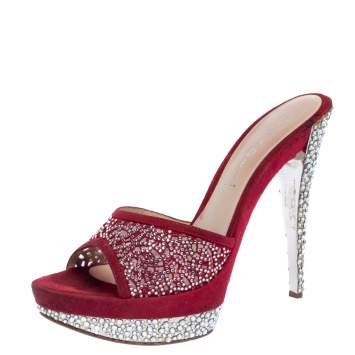 Pre Owned Casadei Red Suede Crystal Embellished Open Toe Platform Slide Sandals Size 39