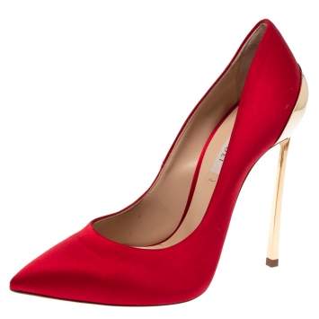 Pre Owned Casadei Red Satin Blade Pointed Toe Pumps Size 37