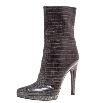 مملوكة مسبقًا Casadei Green Croc Embossed Patent Leather Platform Mid Calf Booties Size 36